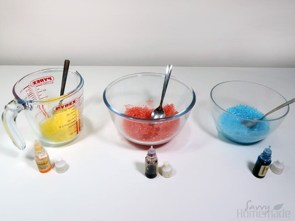 Add your dye to the bowls with the epsom salts