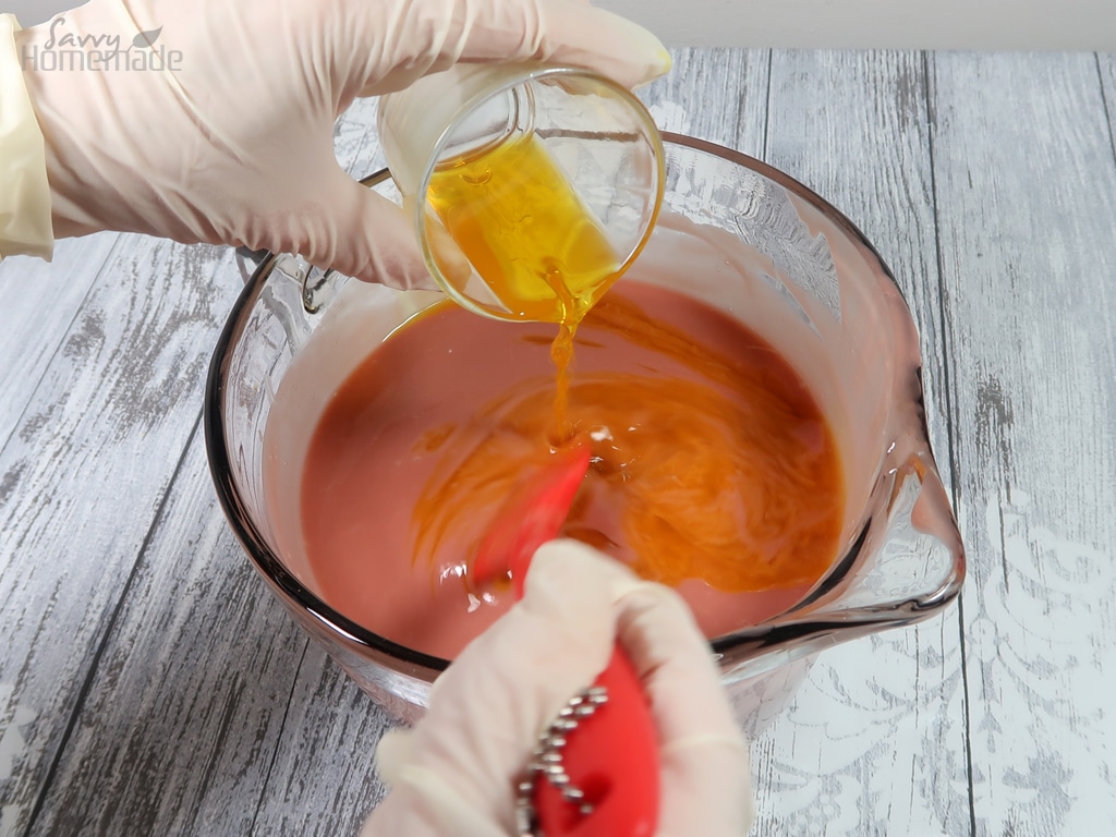 step 9: Pour your essential oils into your batter and then mix thoroughly