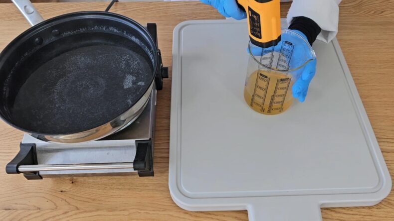 Once melted remove the beaker from the water and stir well.