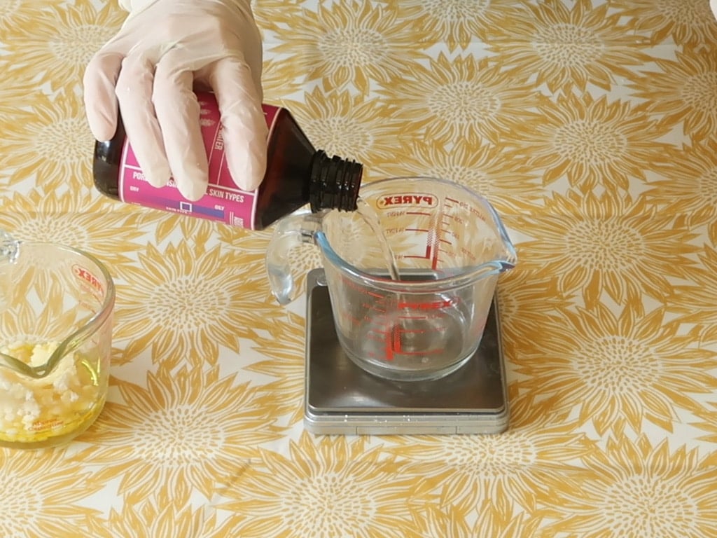 Weigh out the lavender hydrosol and glycerine into a heatproof container