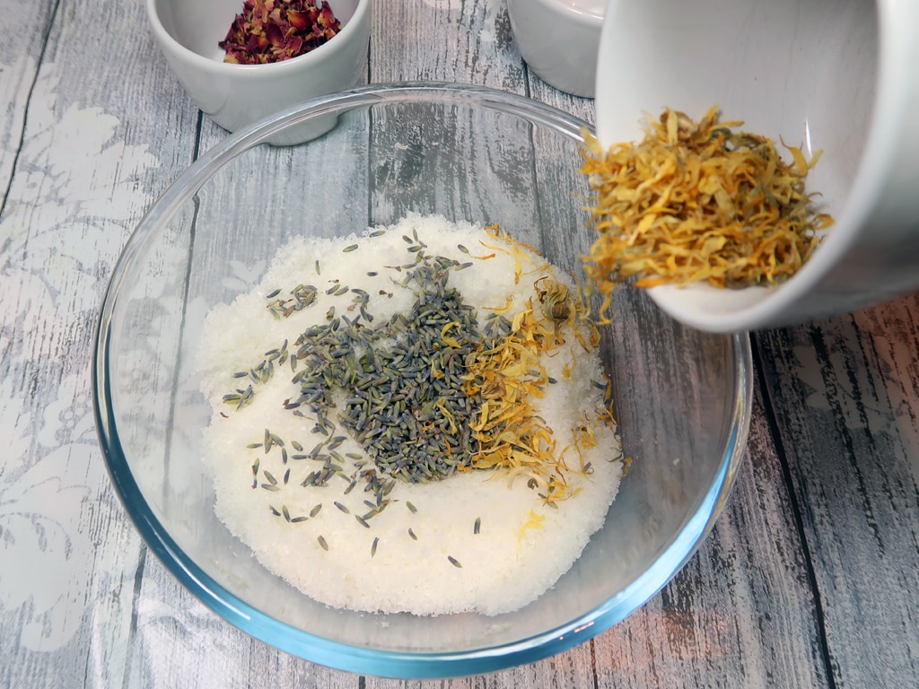 Add the flowers and stir until you are happy with their placing