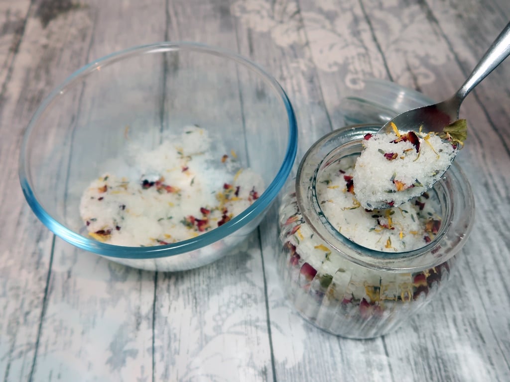 Spoon the salts into a prepared glass or PET container