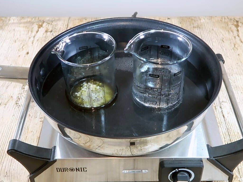 The oil phase part is beginning to melt as it sits, with the water phase part, in a double boiler