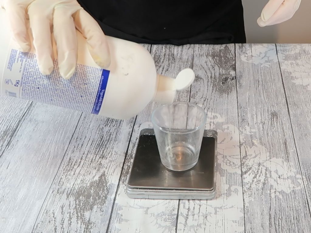 The water part ingredients are measured in a heatproof container