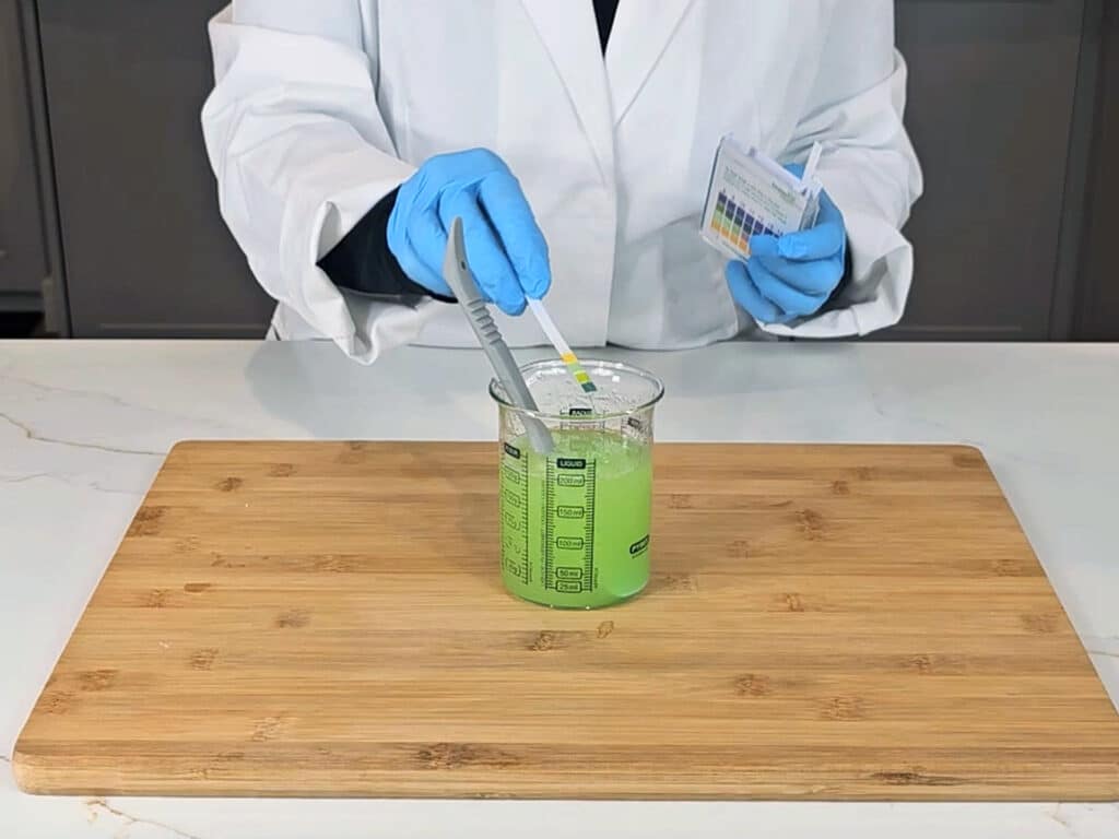 Using a pH strip test the pH of the finished shampoo