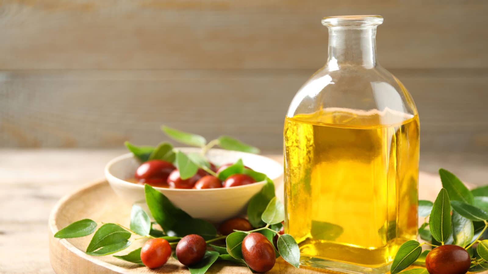 Glass bottle with jojoba oil and seeds on wooden table