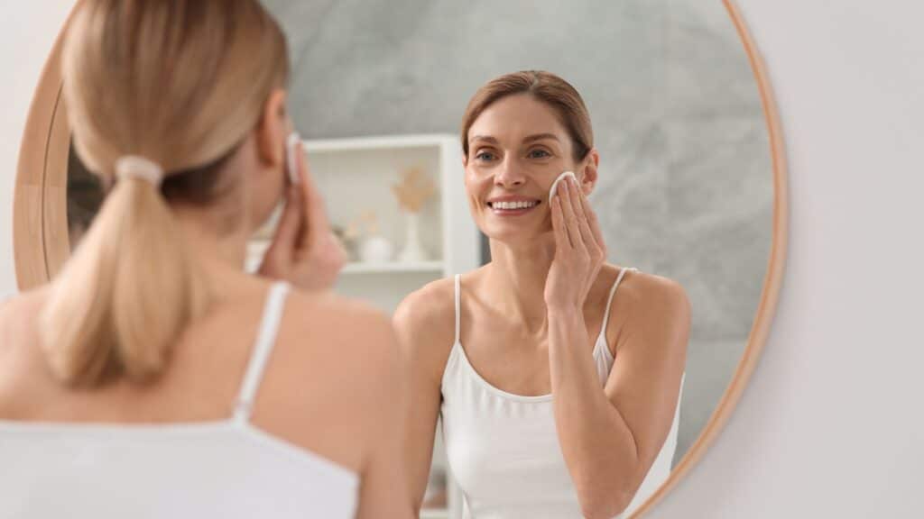 mature woman cleansing with cotton pad