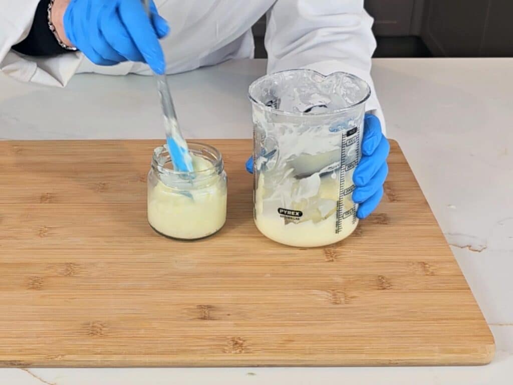 The finished product is transferred to a glass vessel to store