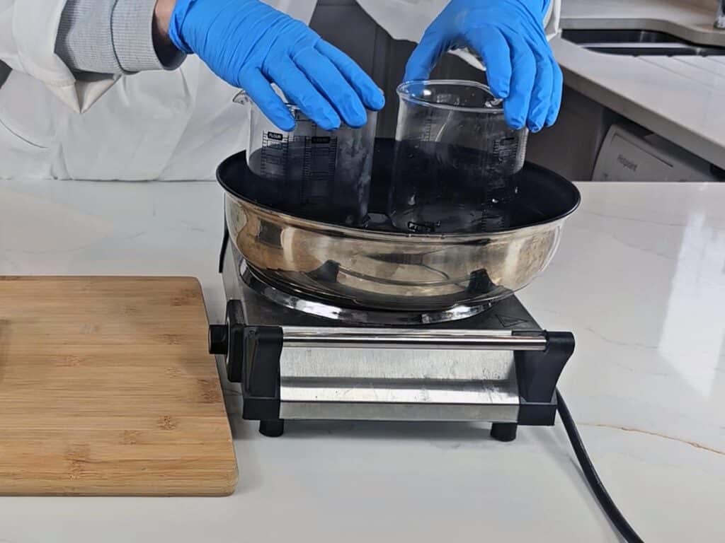 The beakers with both our oil and water phases are placed into a water bath