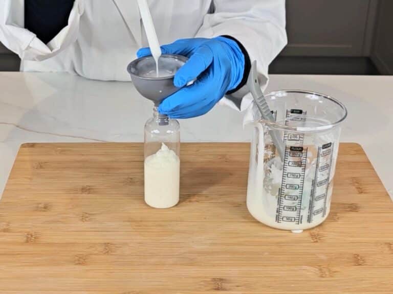 The emulsion is now transferred to a PET plastic bottle to store