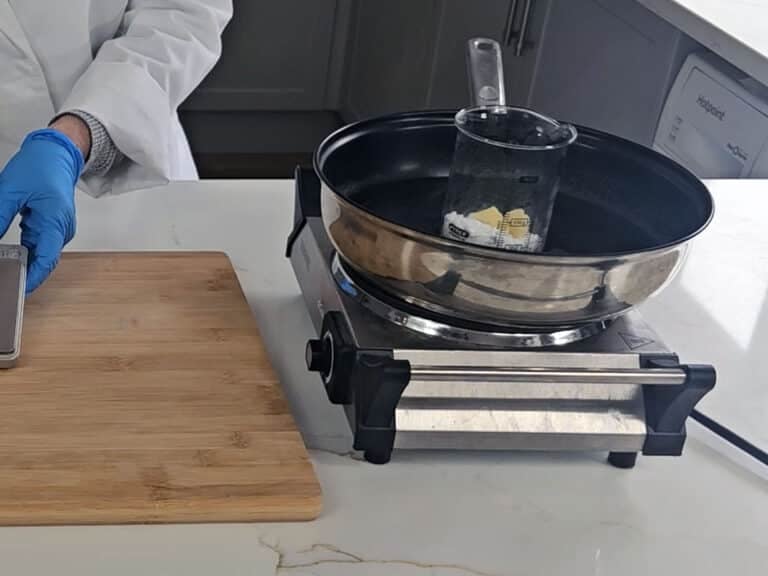 The beaker with our phase a ingredients have been placed into a water bath