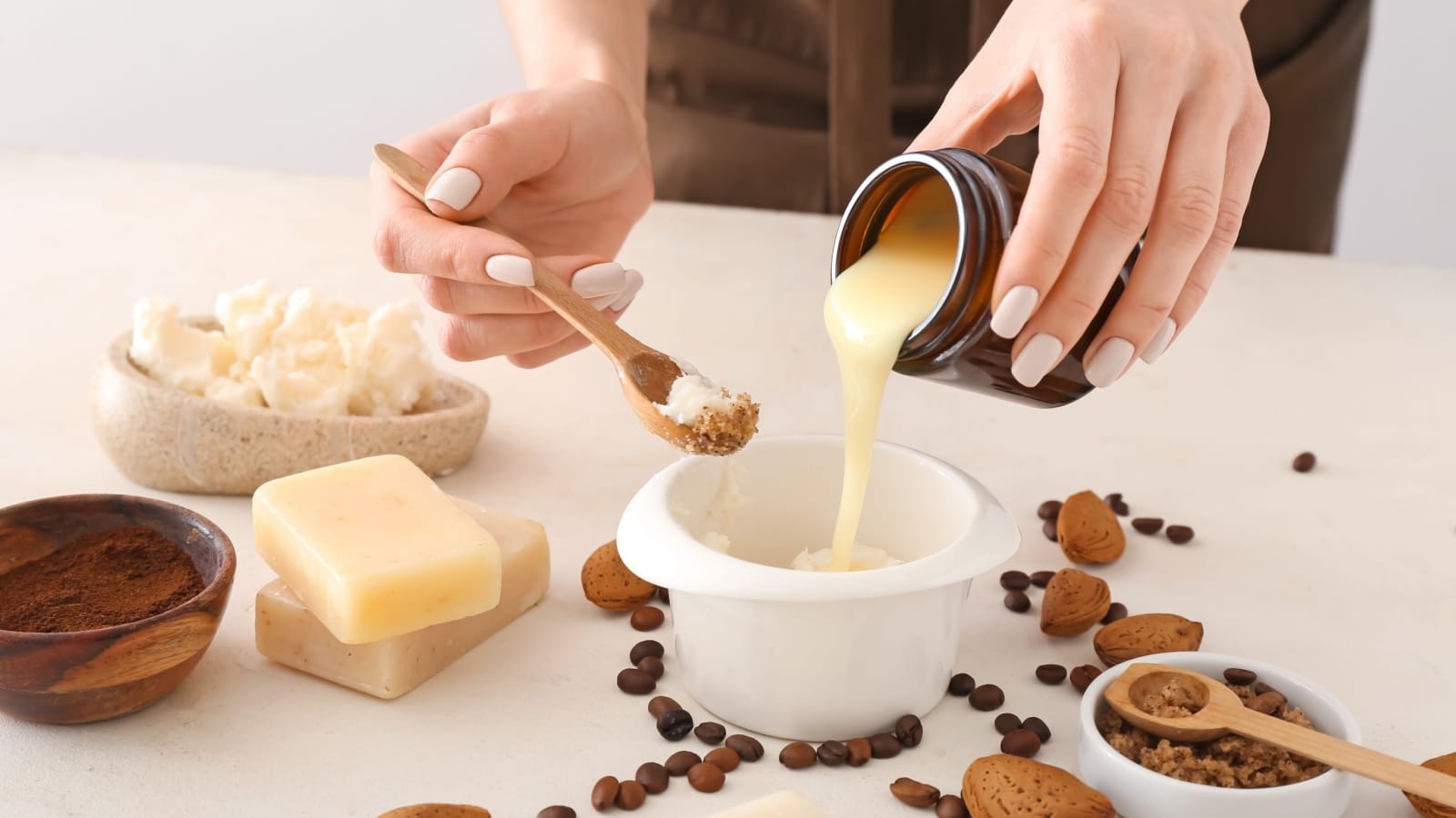 Woman making natural soap, beauty, bath, body products