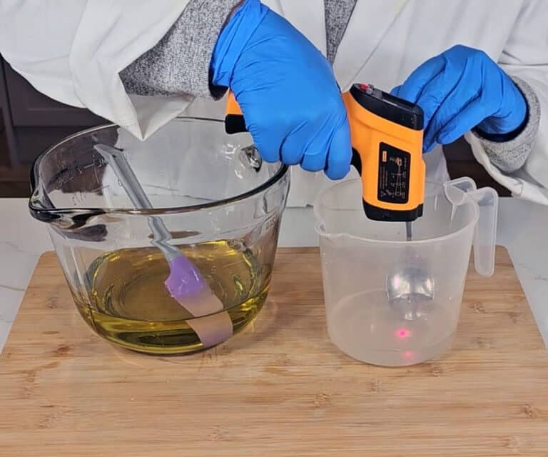 The lye solution is measured with a lazer thermometer