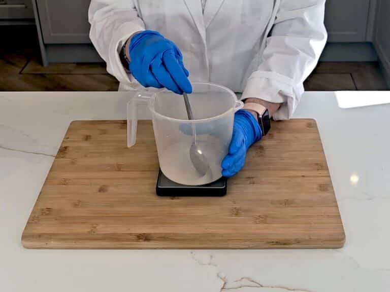 The mixture of sodium hydroxide and distilled water are stirred together to create a lye solution