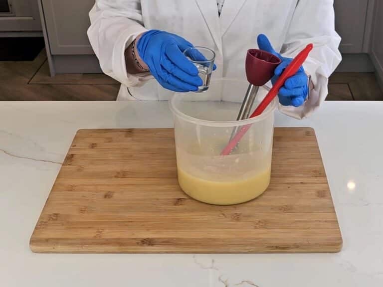 Essential oils are added to the lavender soap batter at trace