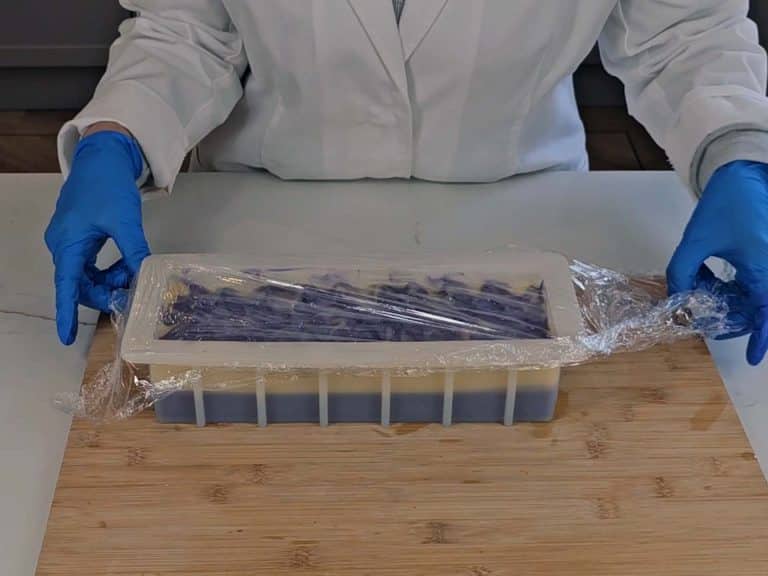 The soap is covered with plastic wrap so it's ready to go in the refrigerator