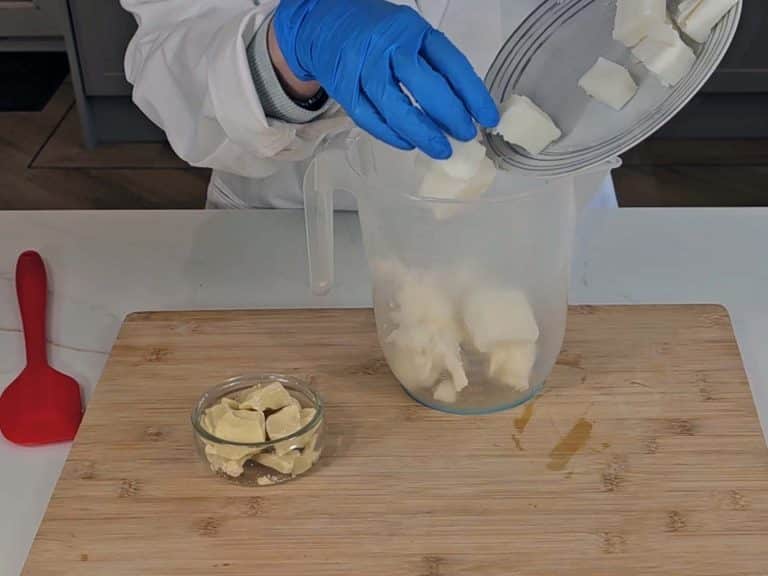Solid oils are transferred to a PET plastic container