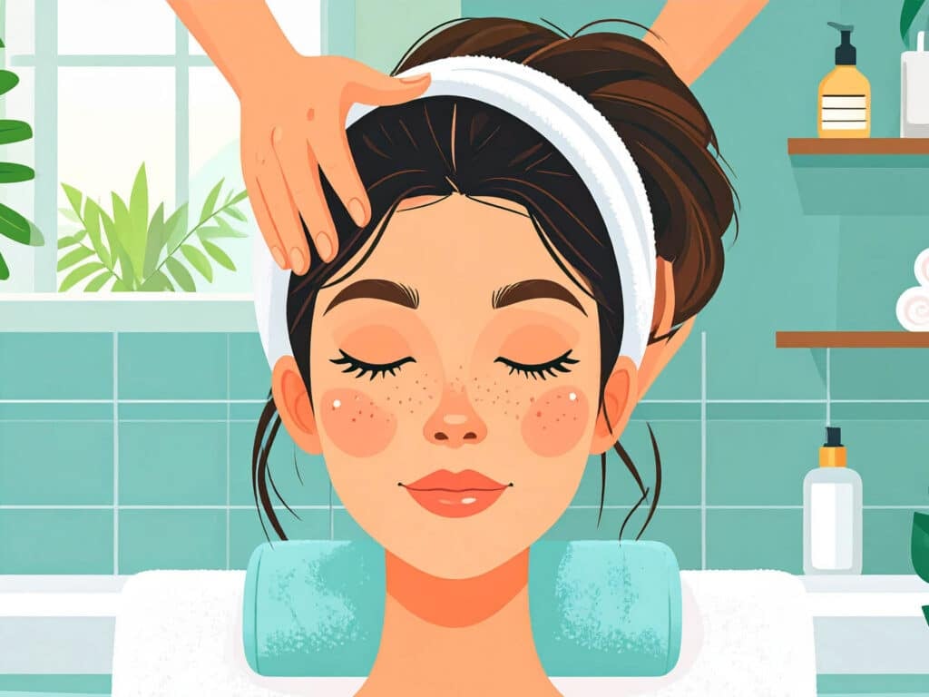 An illustration of a woman sits with closed eyes as her hair is massaged