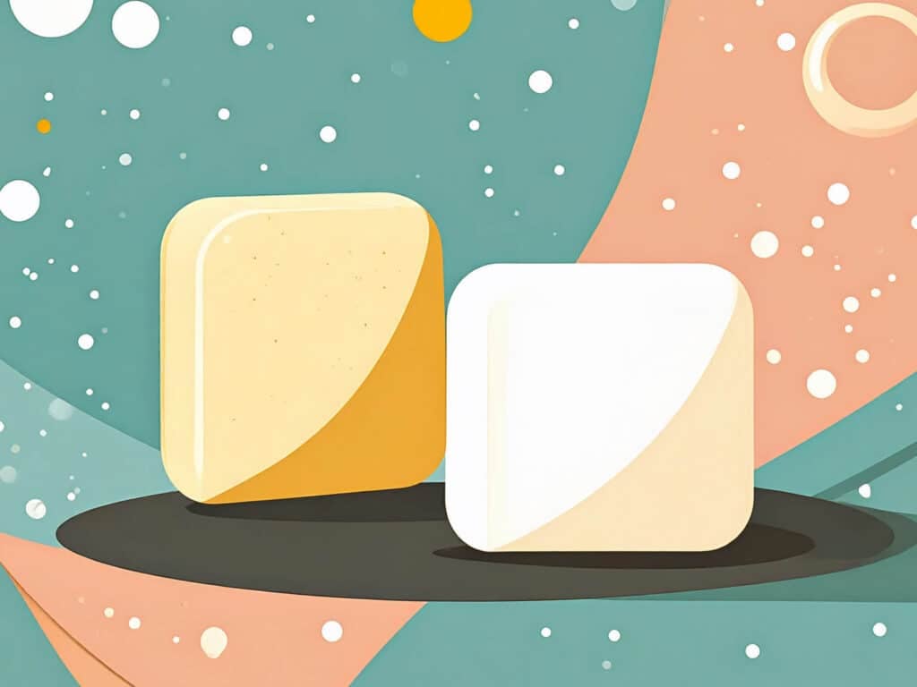 Two bars of soap, one bright white and the other a milky beige