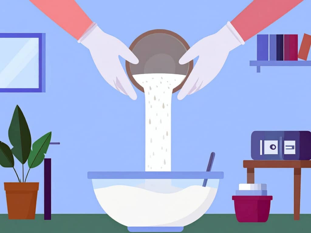 Two gloved hands pour a pot of white powder into a bowl of soap batter
