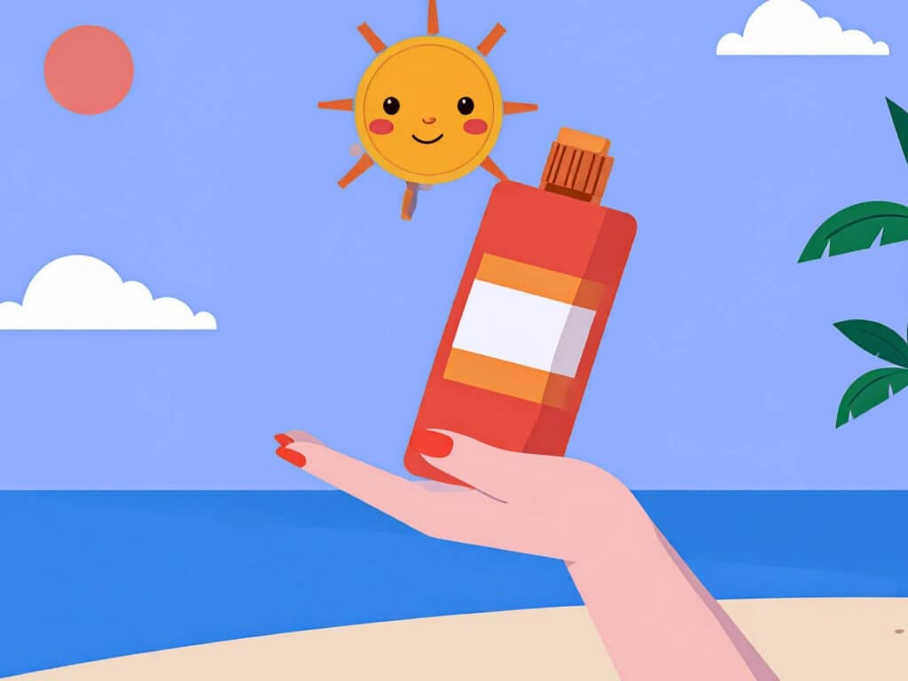 A bottle of sunscreen sits on the palm of a hand