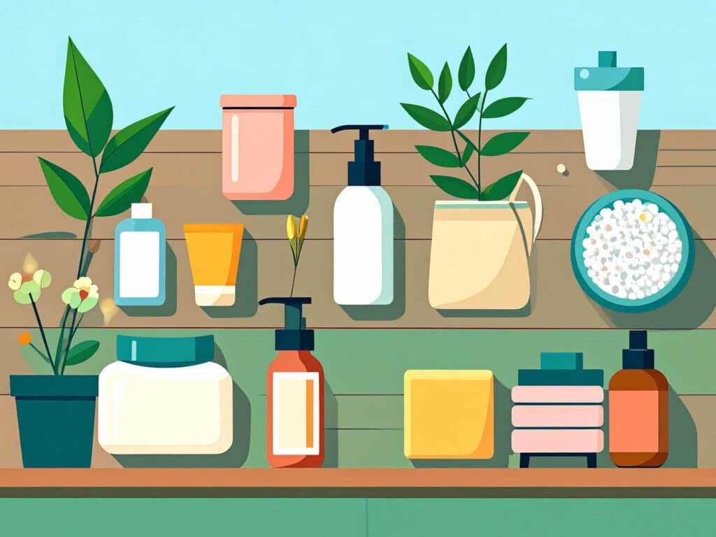 A table and shelf with soap making ingredients