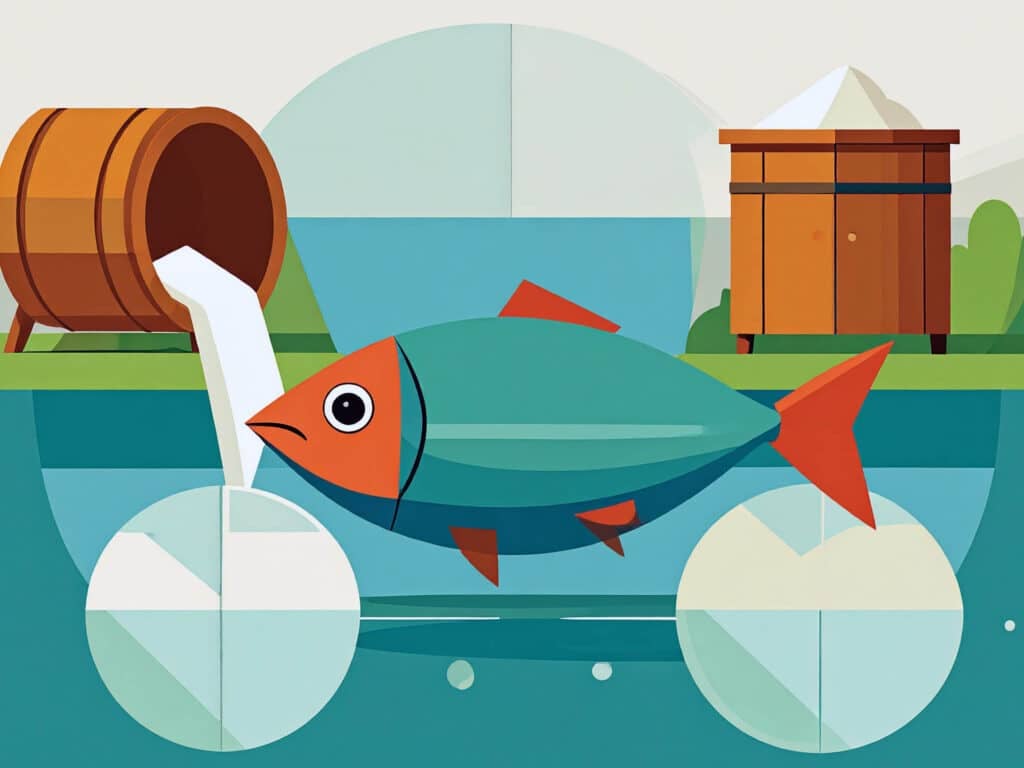 A fish swims in a river as a barrel of white powder is emptied into the water