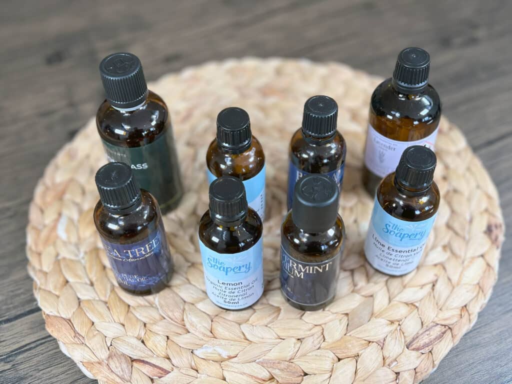 Bottles of essential oils for skin sit together