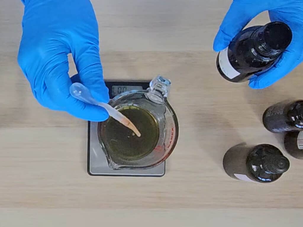 Our cooldown ingredients, to include vitamin e and essential oils, are added to the mixture with a pipette