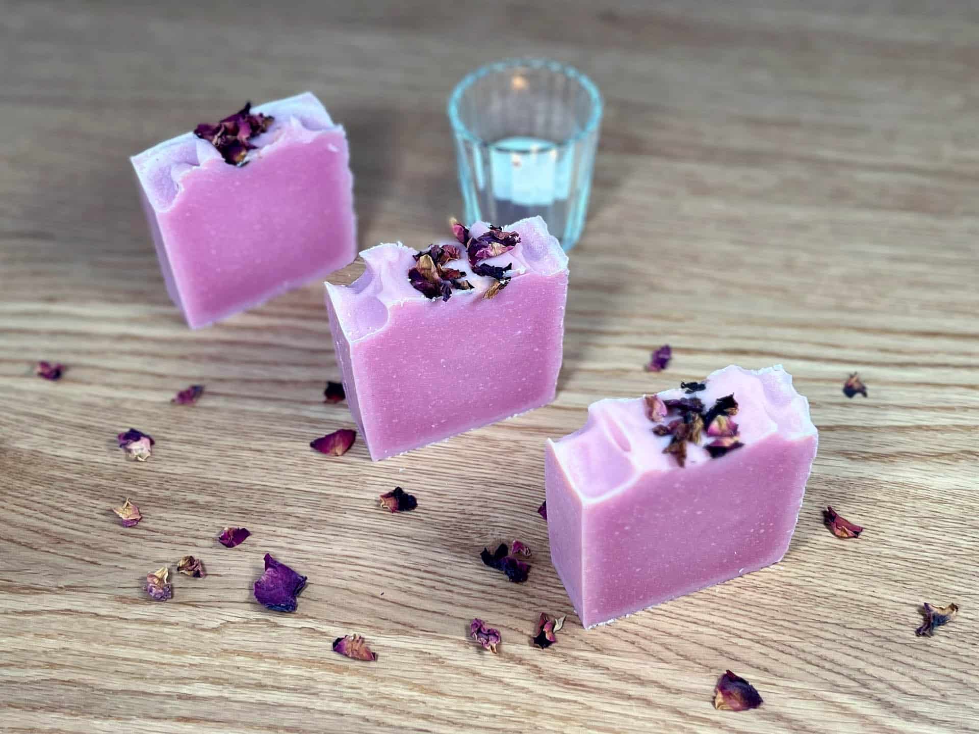Three bars of natural DIY soap made at home with natural ingredients