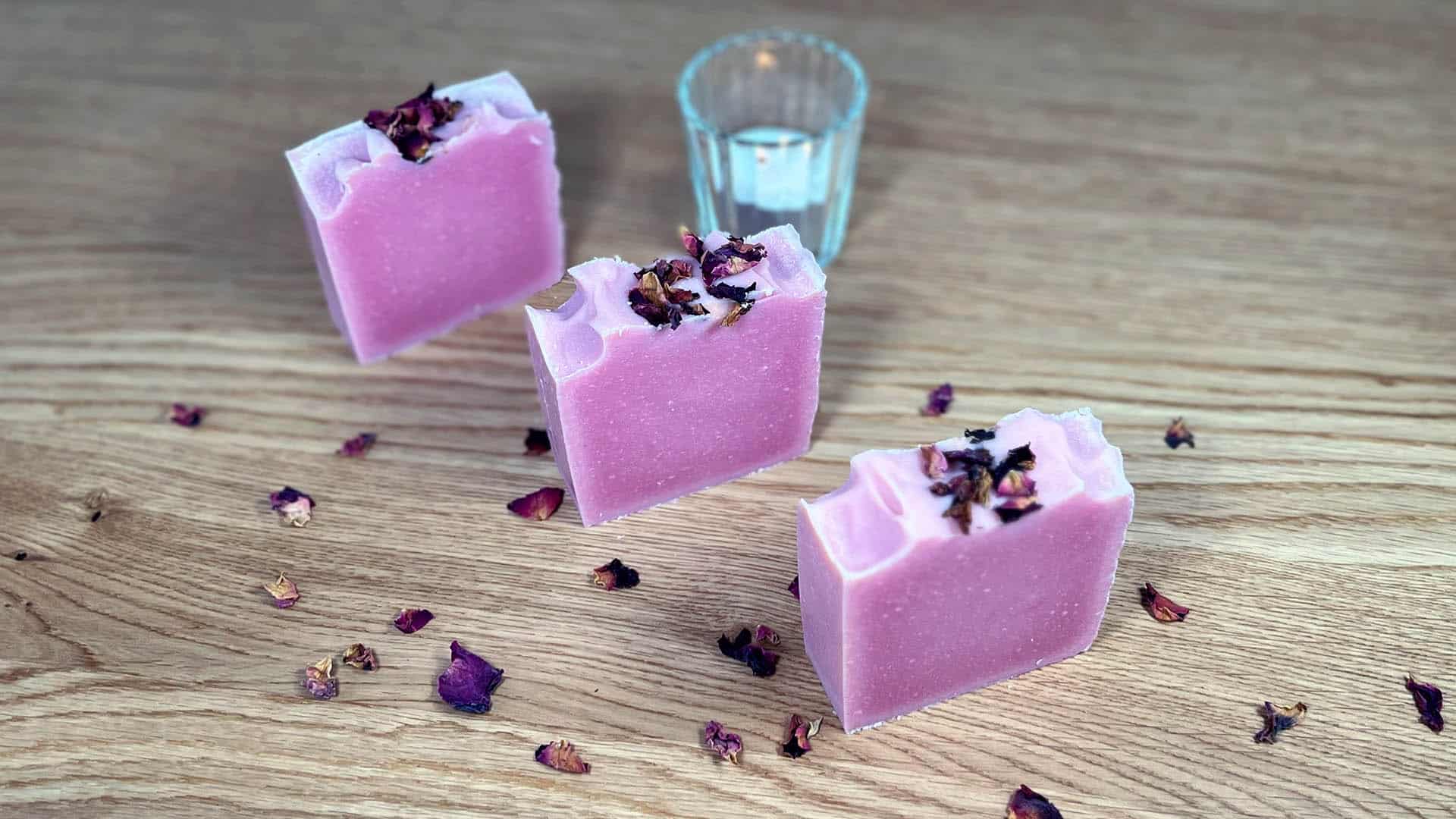 Three bars of natural homemade soap made with real natural ingredients using my full step-by-step video tutorial