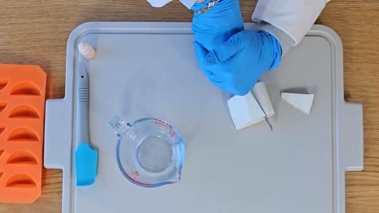 Chop the melt and pour soap into medium size squares Chop the melt and pour soap into medium size squares