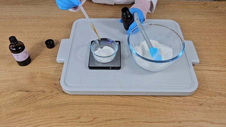 Place the container on to the scales, press tare and weigh in the vitamin E Place the container on to the scales, press tare and weigh in the vitamin E