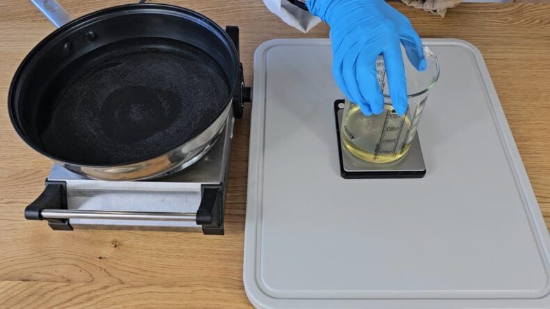 Once melted remove the beaker from the water and stir well