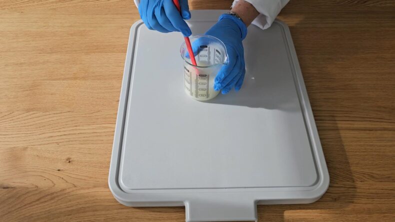 Stir until the mixture has started to thicken and has fully mixed together, similar to runny cream