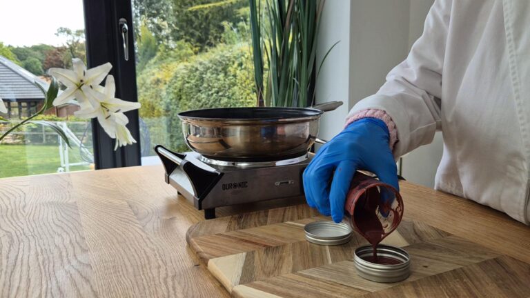 Whilst the tinted oils are still warm and fluid, pour them into your container Whilst the tinted oils are still warm and fluid, pour them into your container