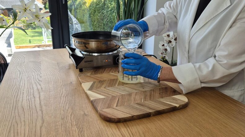 pour the water into the oils.